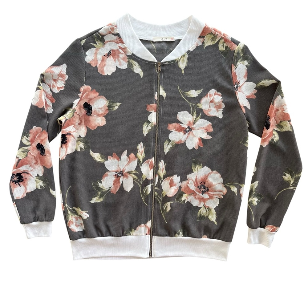 Le Lis Women’s Sz S Gray Blush Pink Floral Zip Chiffon Bomber Jacket Cottagecore